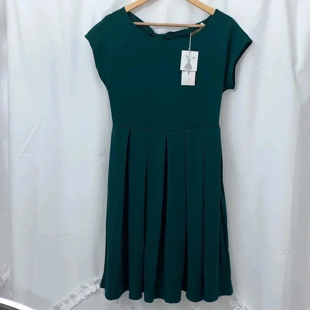 Acevog Womens Emerald Green Bow Back Pleated Fit & Flare Cocktail Dress Medium